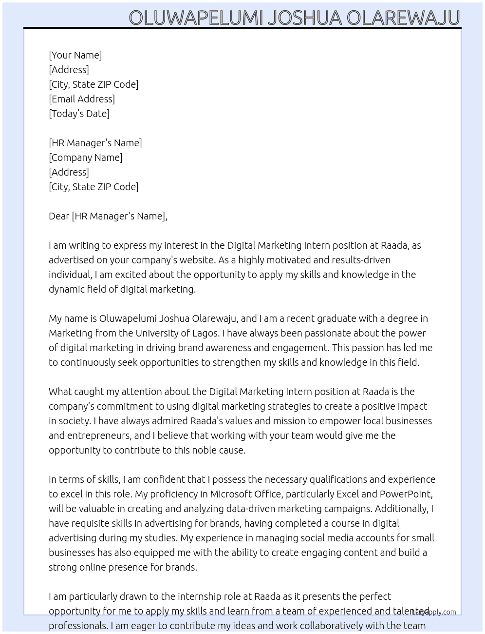 Digital marketing intern At Raada Cover Letter