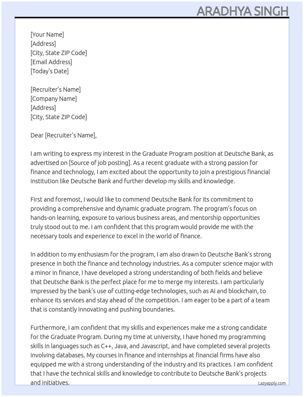 Graduate Program At Deutsche Bank Cover Letter