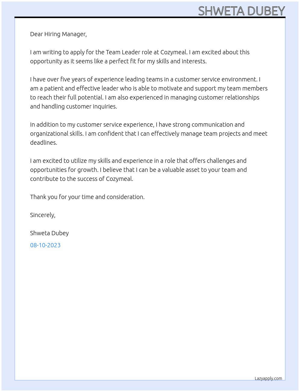 Team Leader At Cozymeal Cover Letter