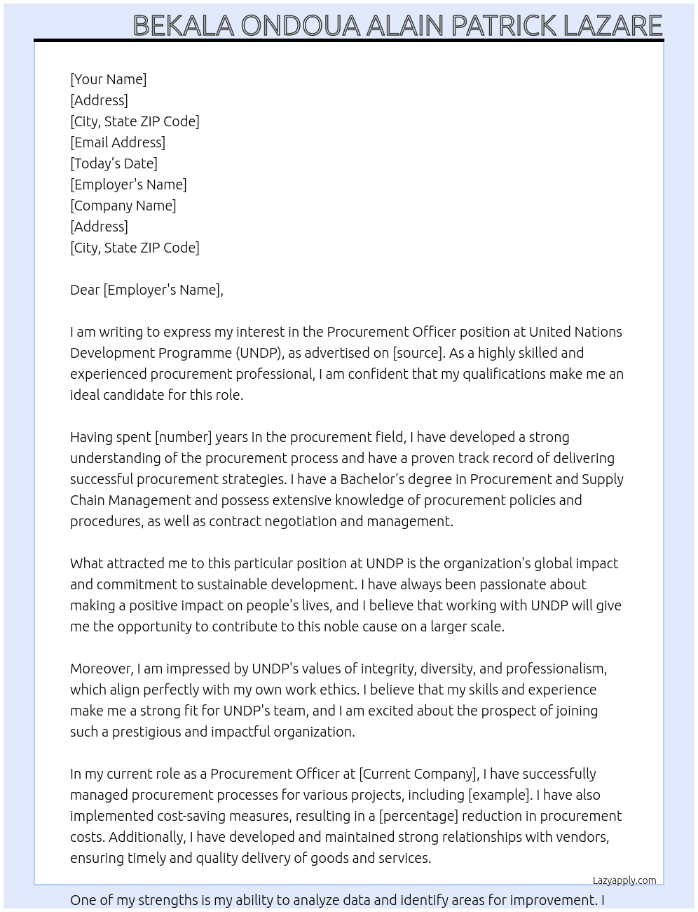 Procurement Officer At United Nations Development Programme Cover Letter