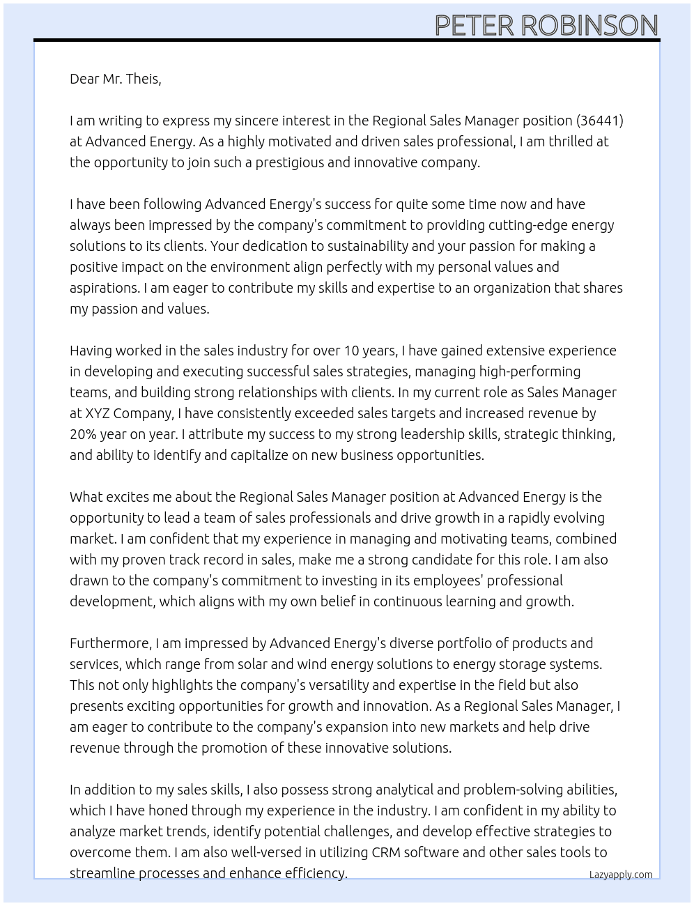 Regional Sales Manager (36441) At Advanced Energy Cover Letter