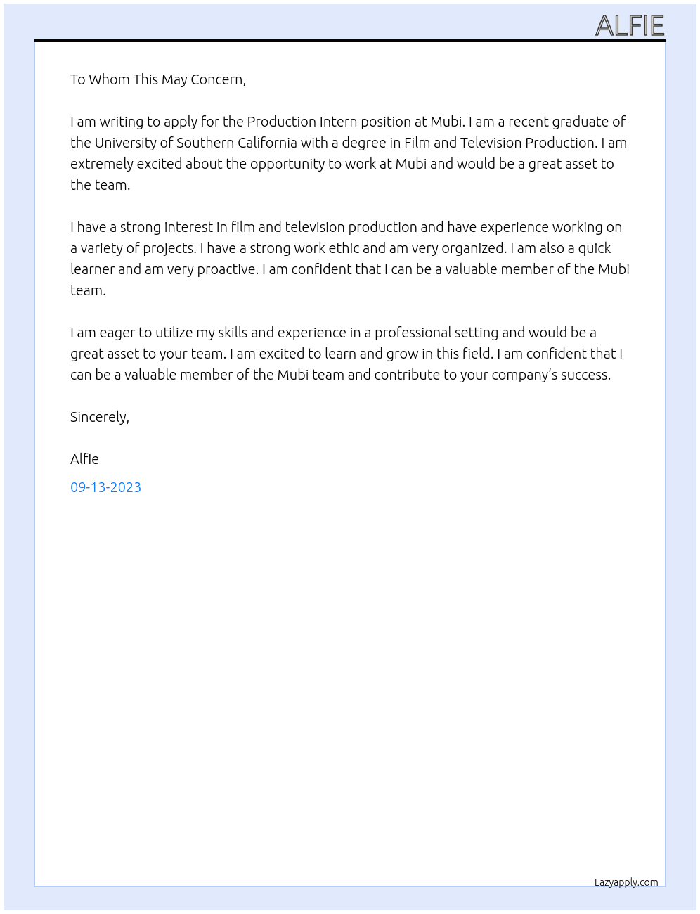 Production Intern At Mubi Cover Letter