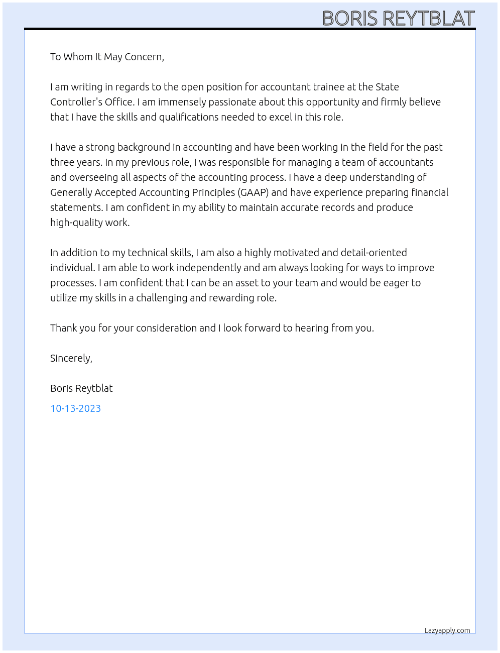 Accountant Trainee At State Controller's Office Cover Letter