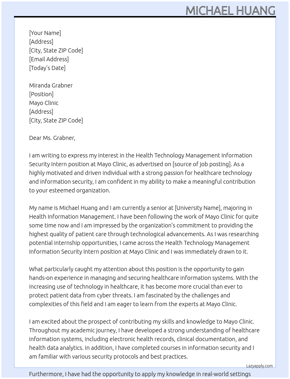 Health Technology Management Information Security Intern At Mayo Clinic Cover Letter