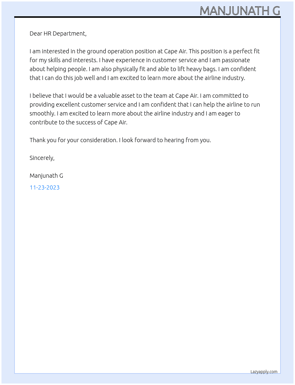 Ground operation At Cape Air Cover Letter