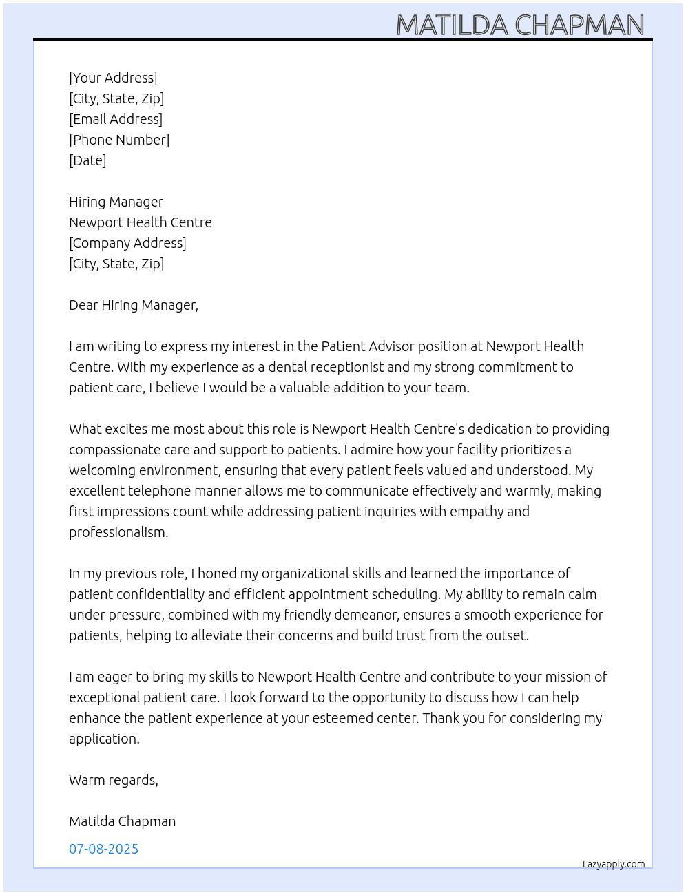 Patient advisor  At Newport Health centre  Cover Letter