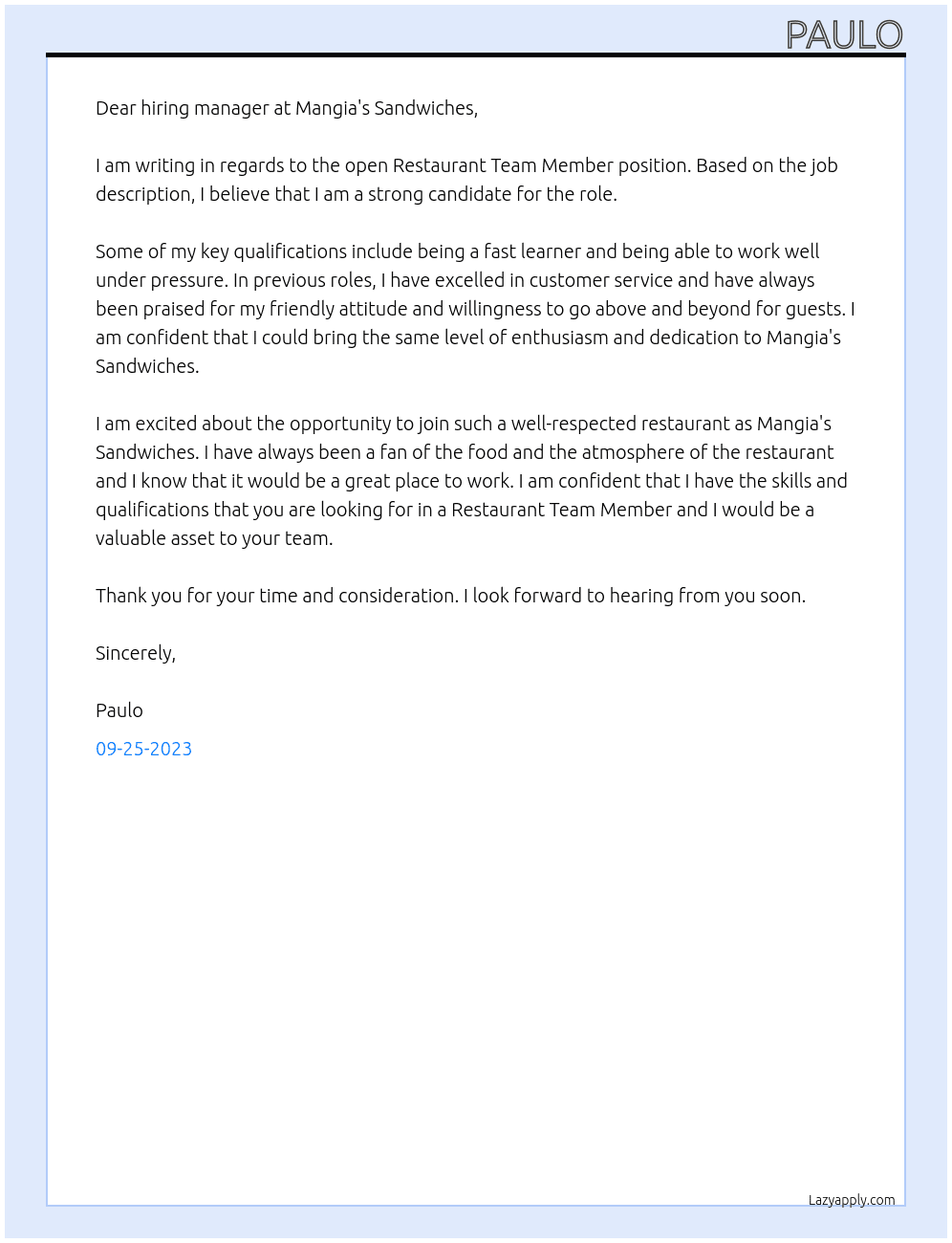 Restaurant Team Member At Mangia's Sandwiches Cover Letter
