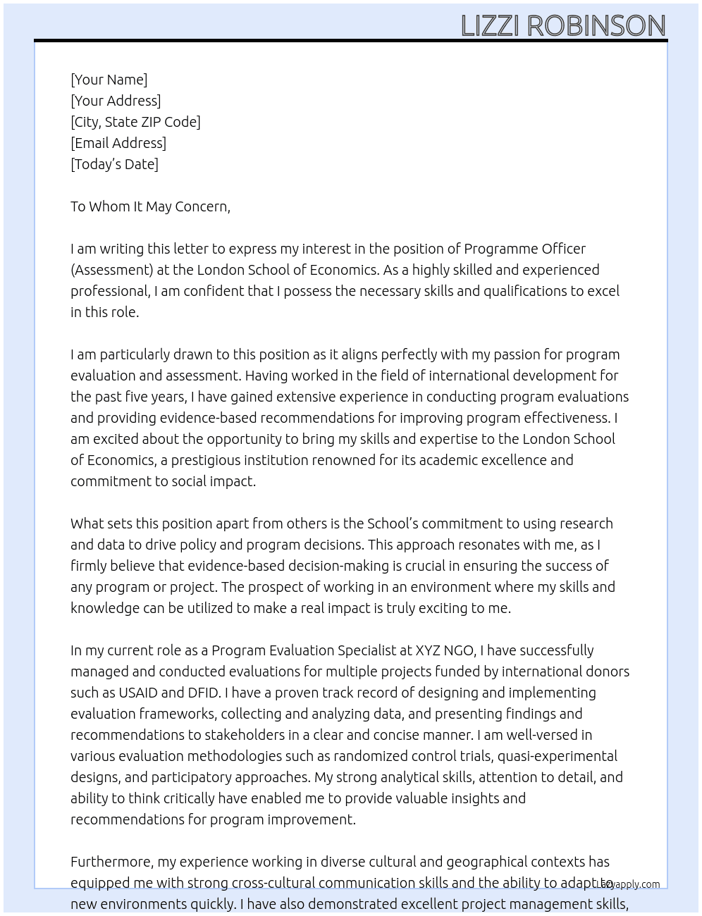Programme Officer (Assessment) At London School of Economics Cover Letter