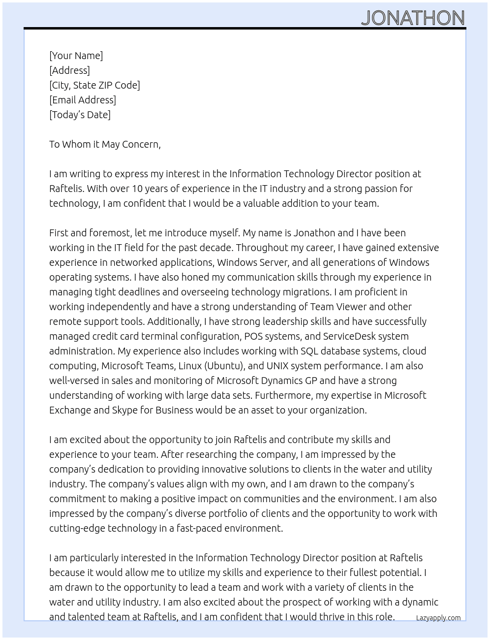 Information Technology Diretor At Raftelis Cover Letter