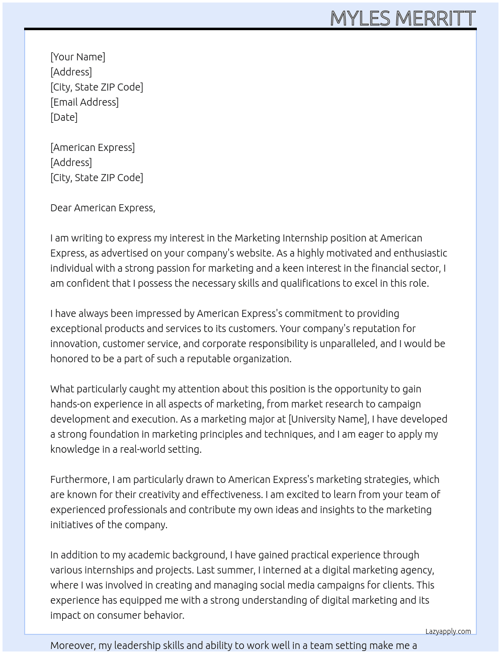 Marketing internship  At American Express Cover Letter