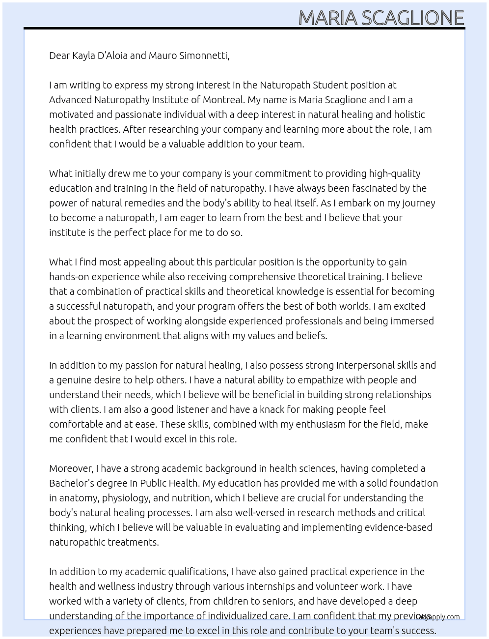 Naturopath student At Advanced Naturopathy Institute of Montreal Cover Letter