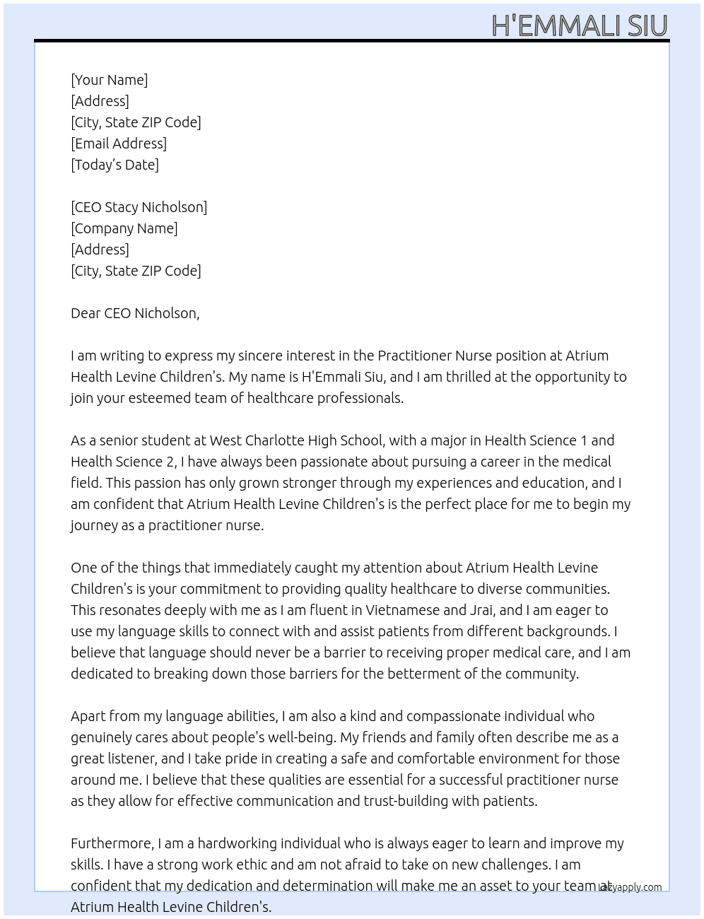 practitioner nurse At Atrium Health Levine Children's Cover Letter