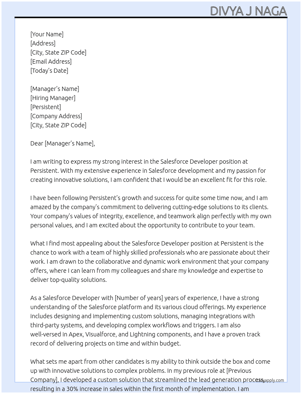salesforce Developer At persistent Cover Letter
