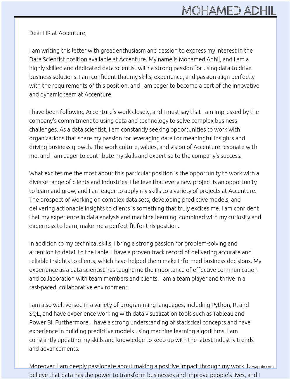 Data Scientist At Accenture  Cover Letter