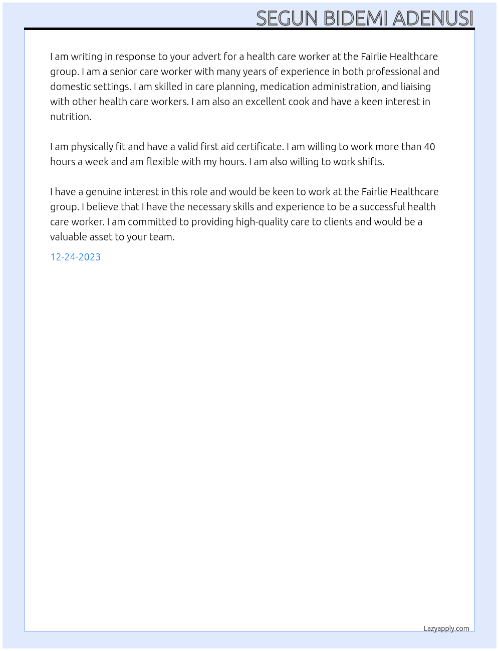 Health care worker At Fairlie Healthcare group Cover Letter