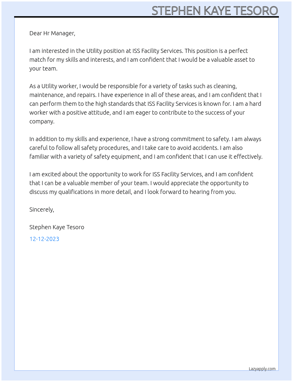 Utility At ISS Facility Services Cover Letter