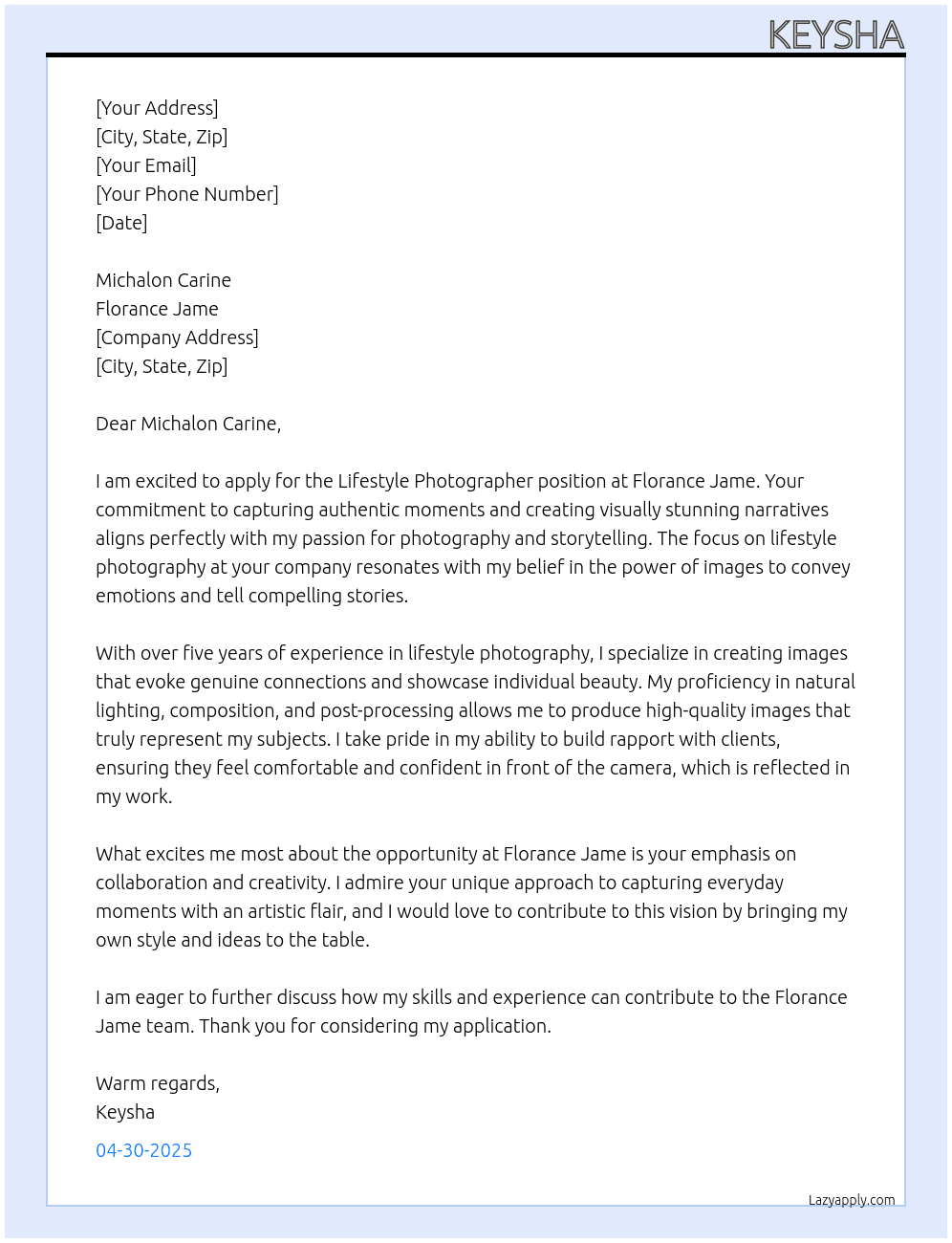 lifestyle photographer  At florance jame Cover Letter