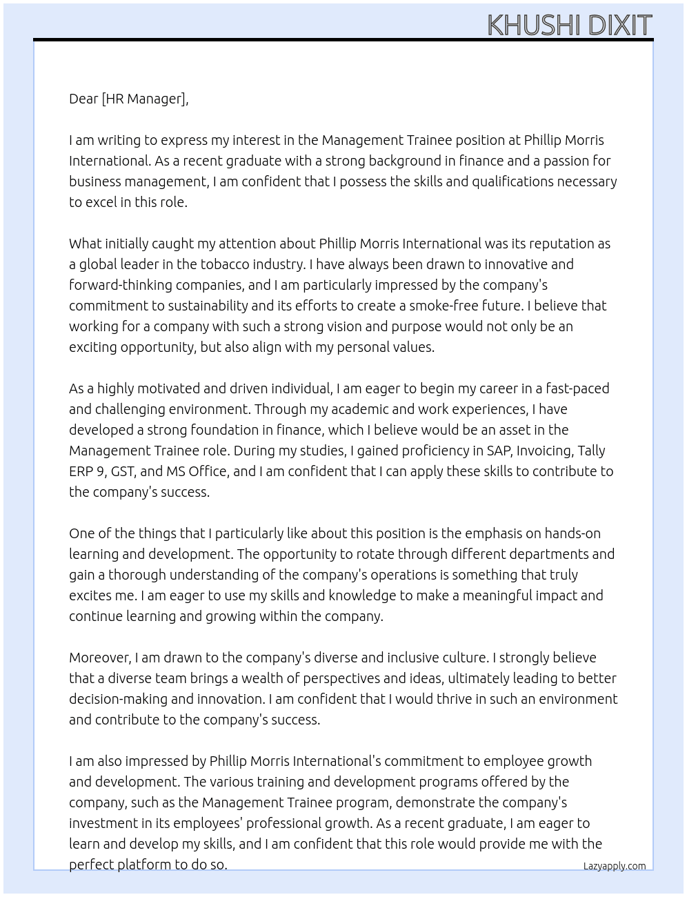 management trainee At Phillip Morris international Cover Letter