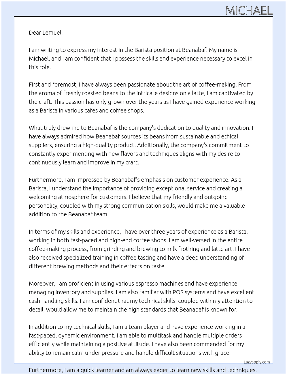 Barista At Beanabaf Cover Letter