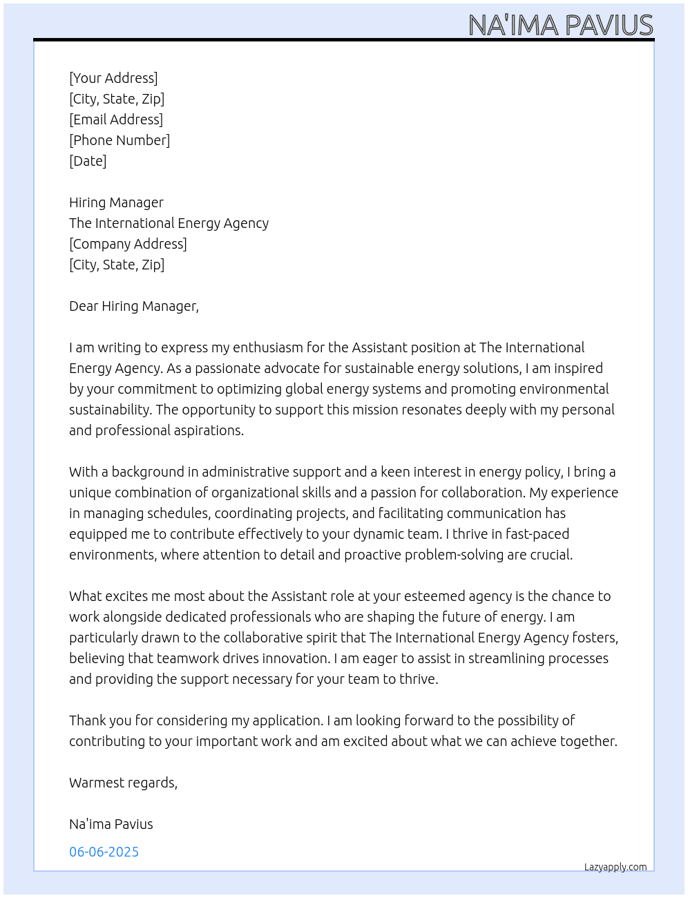 Assistant At The International Energy Agency Cover Letter