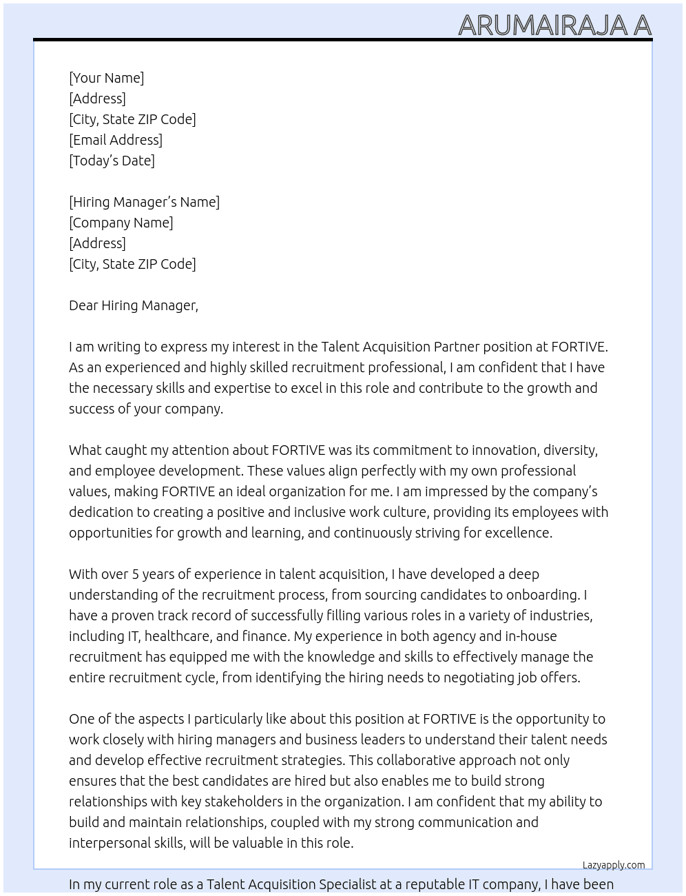 Talent Acquisition Partner  At FORTIVE Cover Letter