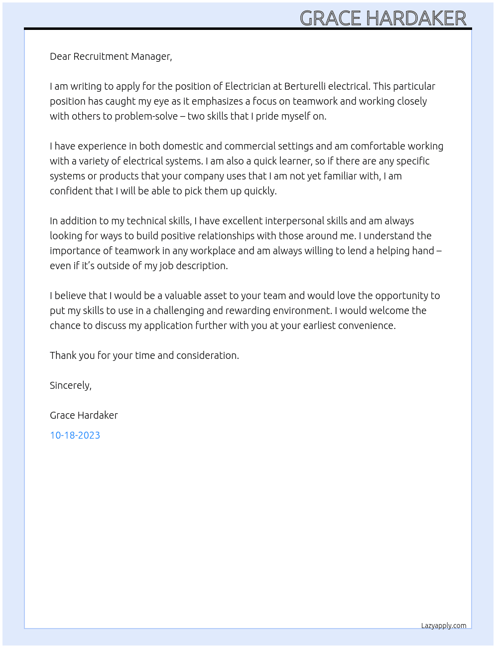Electrician At Berturelli electrical  Cover Letter