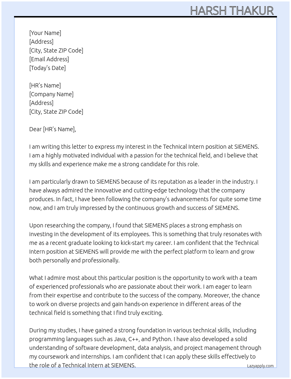 Technical Intern At SIEMENS Cover Letter