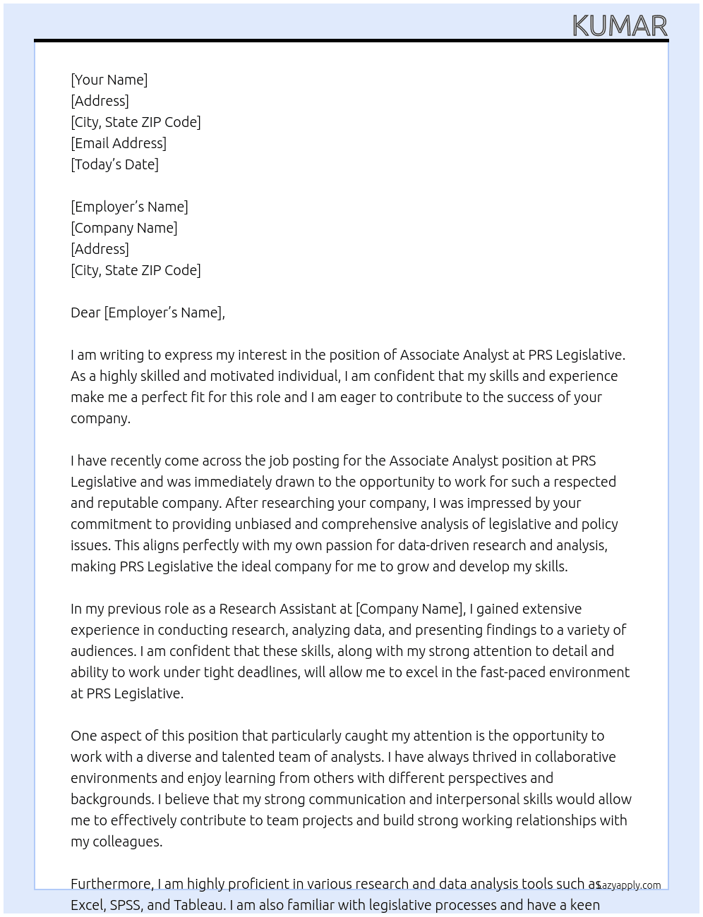 Associate Alanyst At PRS Legislative Cover Letter