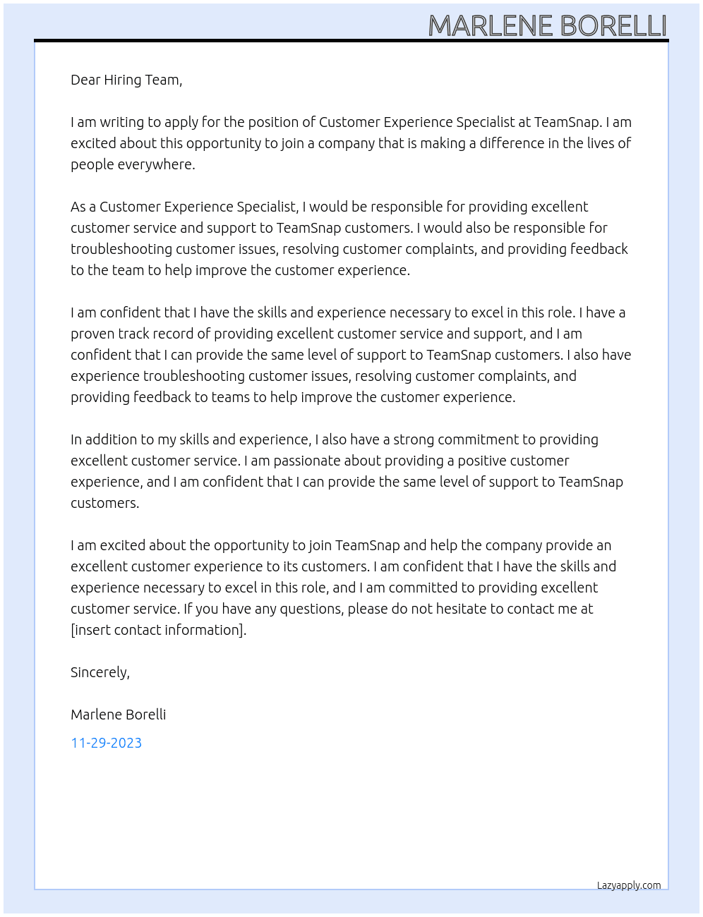 Customer Experience Specialist At TeamSnap Cover Letter
