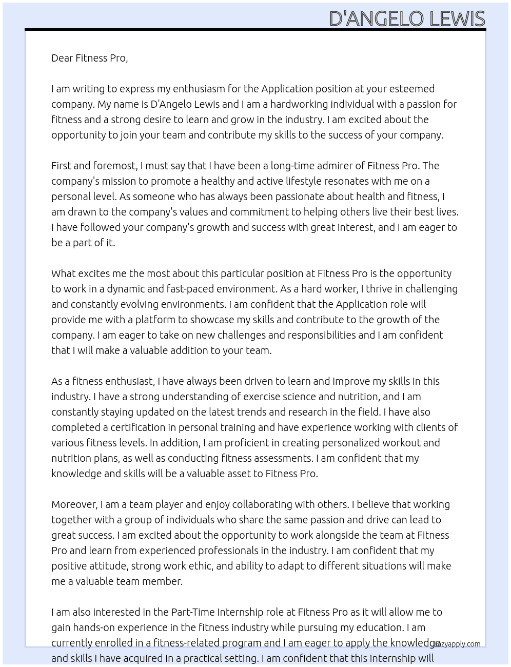 Application At FItness Pro Cover Letter