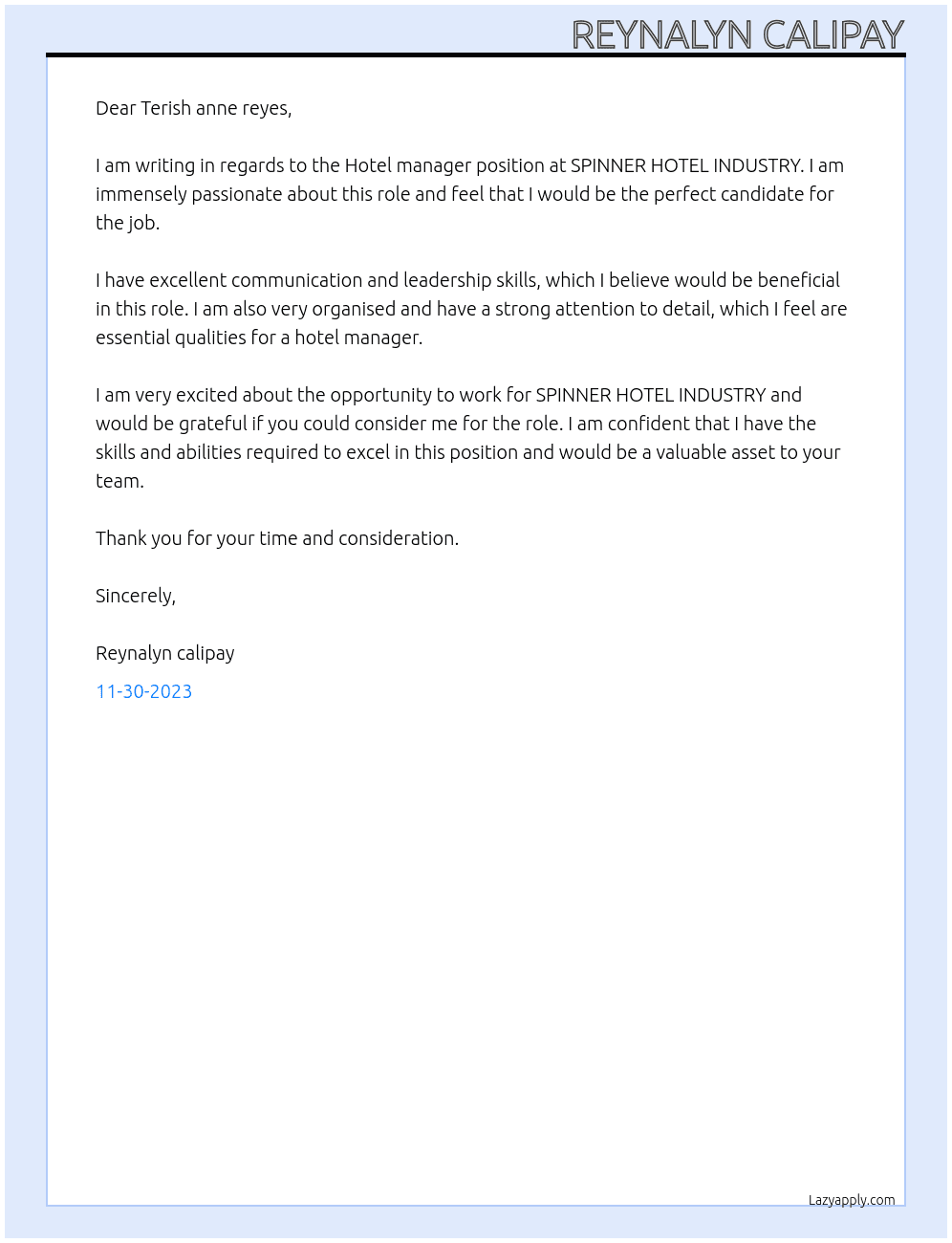 Hotel manager  At SPINNER HOTEL INDUSTRY  Cover Letter