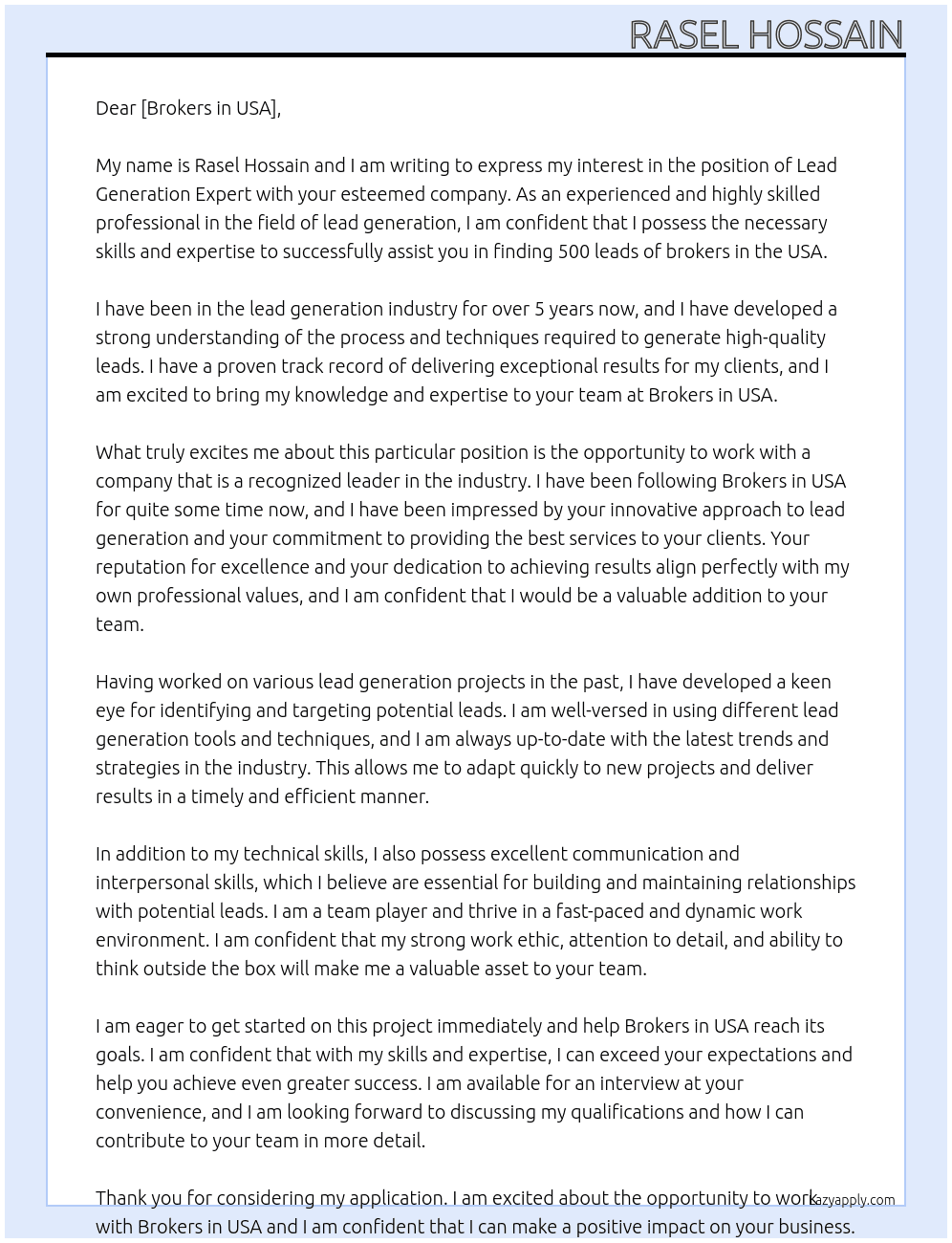 lead Generation At Brokers in usa  Cover Letter