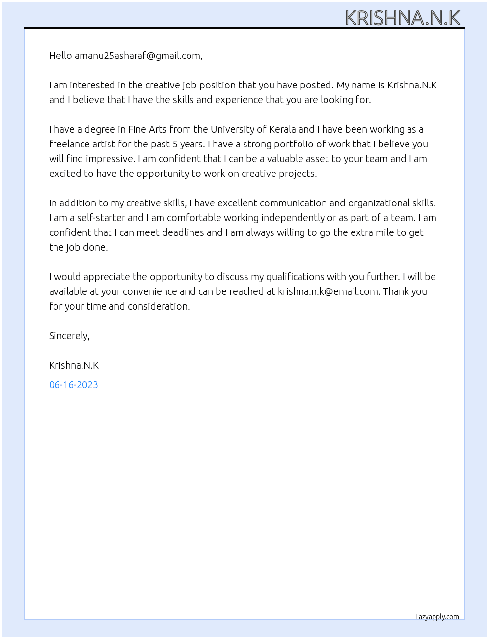 I would like to join creative job At Creative job  Cover Letter