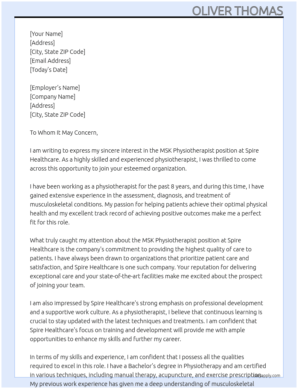 MSK Physiotherapist At Spire Heatlhcare Cover Letter