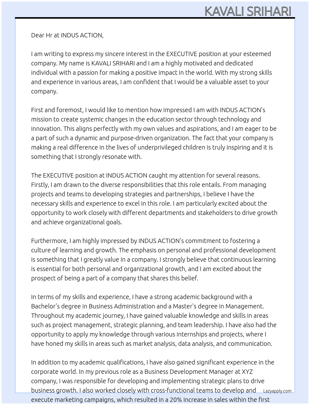 EXECUTIVE  At INDUS ACTION  Cover Letter
