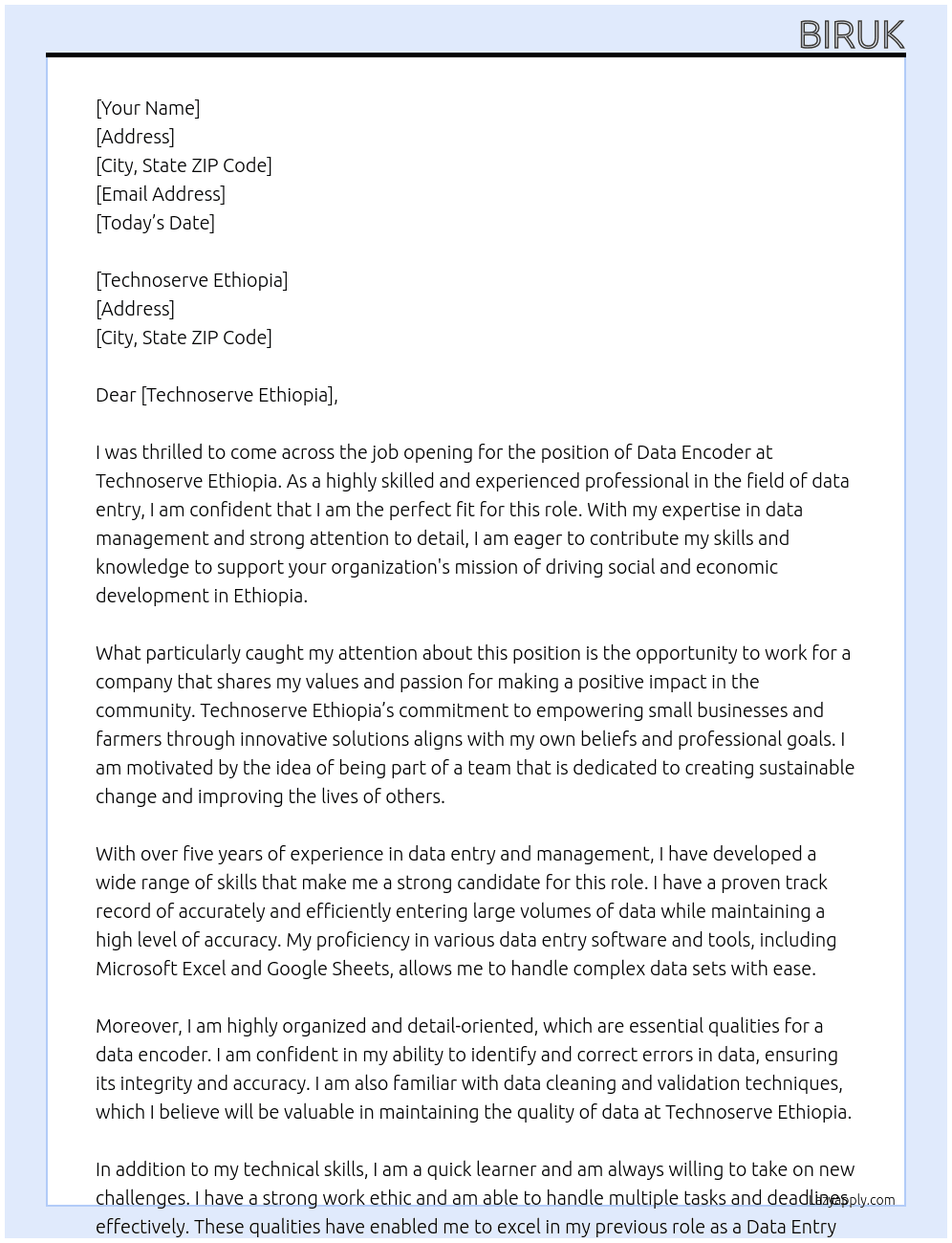 Data Encoder At Technoserve Ethiopia Cover Letter