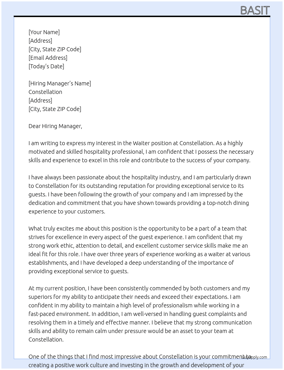 Waiter At Constellation Cover Letter