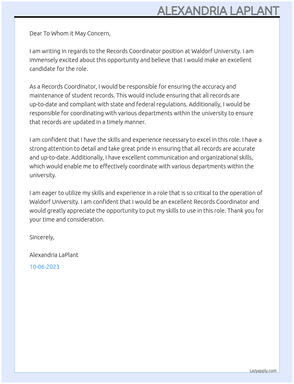 Records Coordinator At Waldorf University Cover Letter