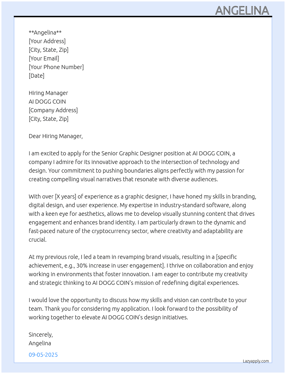 senior graphic designer  At AI DOGG COIN Cover Letter