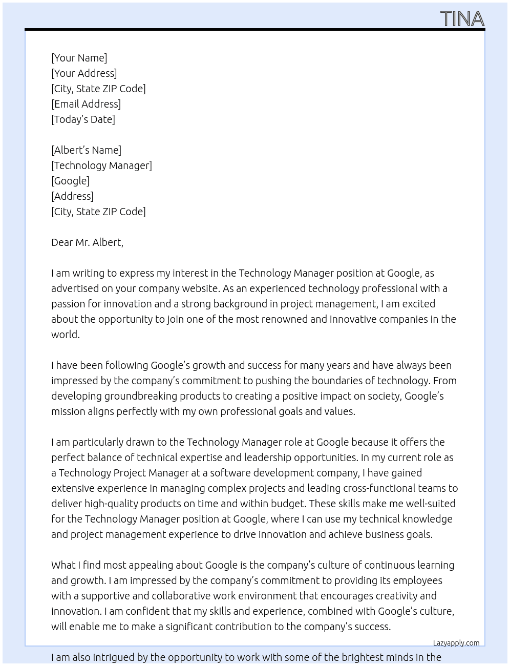 Cover letter for technology manager - LazyApply