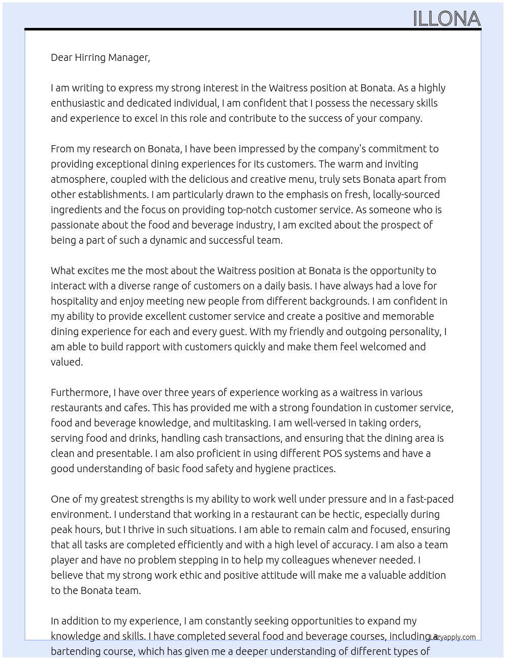 Waitress At Bonata  Cover Letter