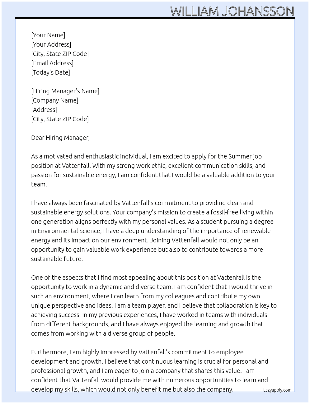 Summer job At Vattenfall Cover Letter
