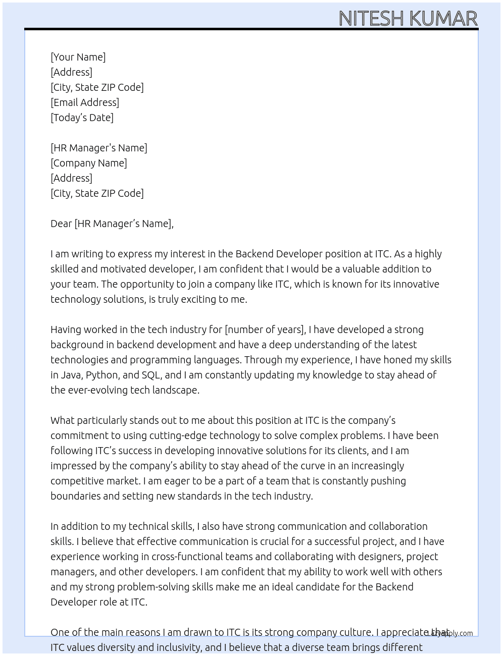 Backend Developer  At ITC Cover Letter