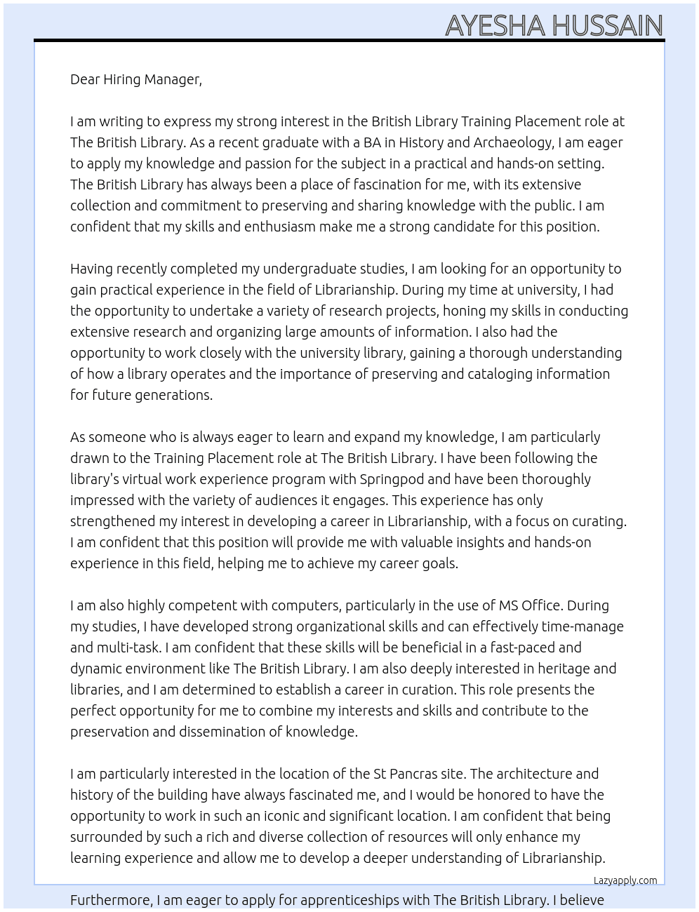 British Library Training Placement  At The British Library  Cover Letter