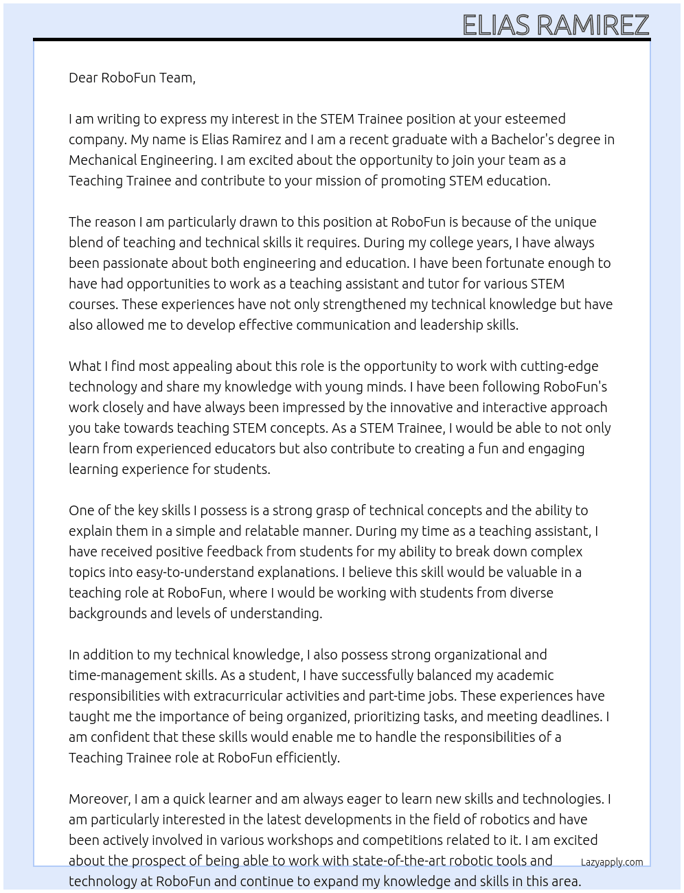 STEM Trainee At RoboFun Cover Letter