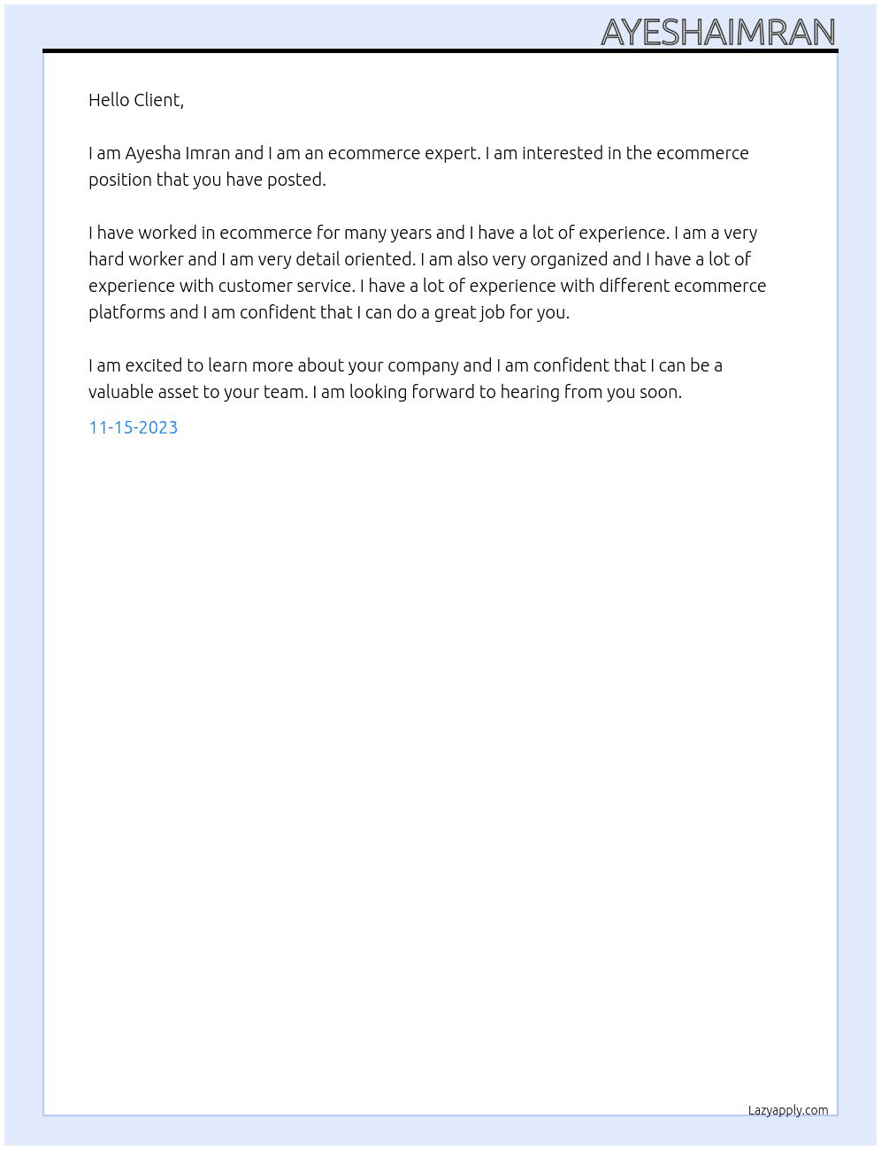 ecommerce expert At client Cover Letter
