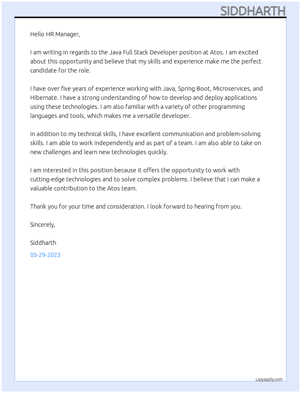 Java Full Stack Developer At Atos Cover Letter