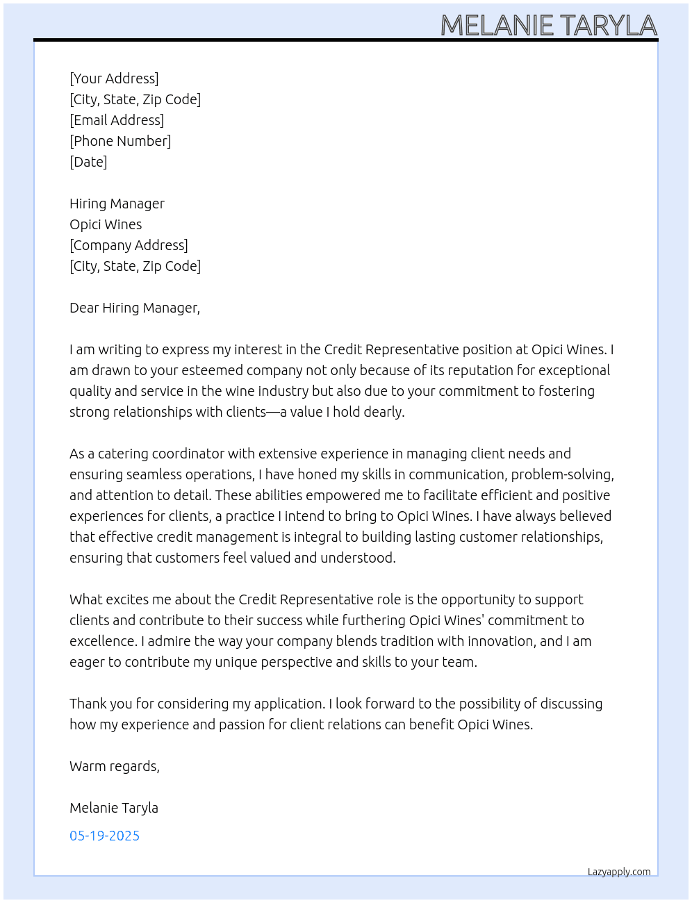 Credit Representative  At Opici Wines  Cover Letter