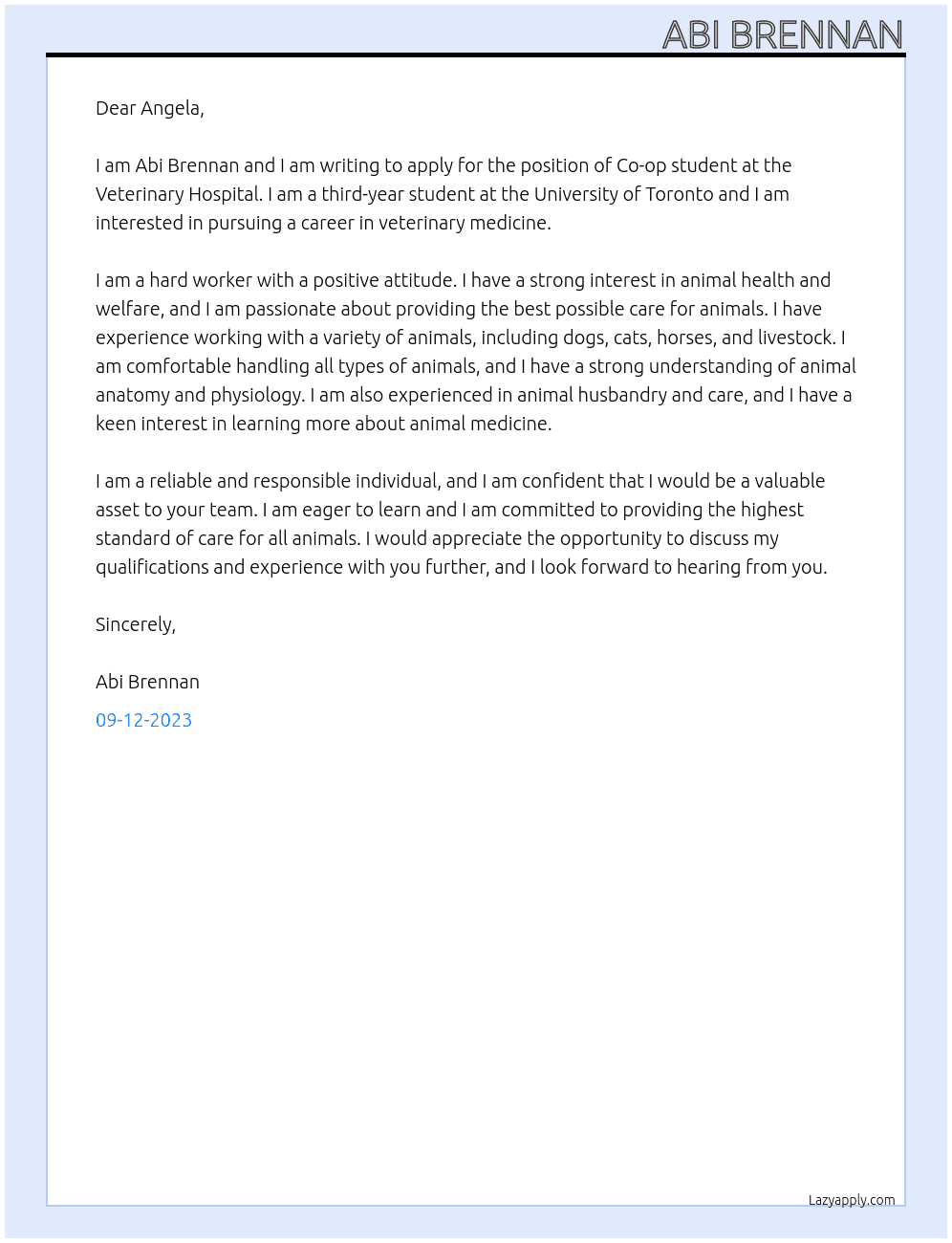 Co-op student At Veterinary Hospital  Cover Letter