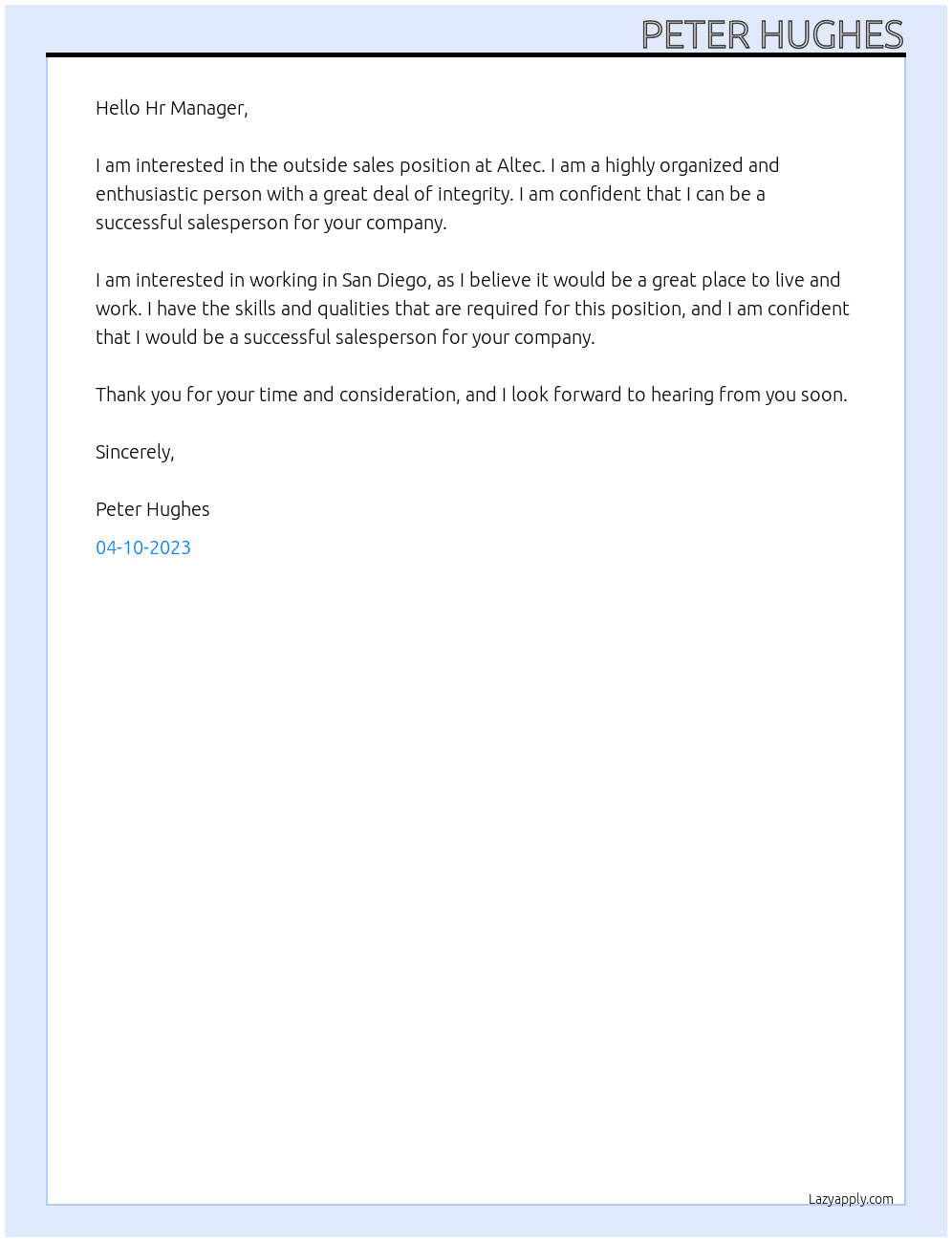 outside sales At Altec Cover Letter